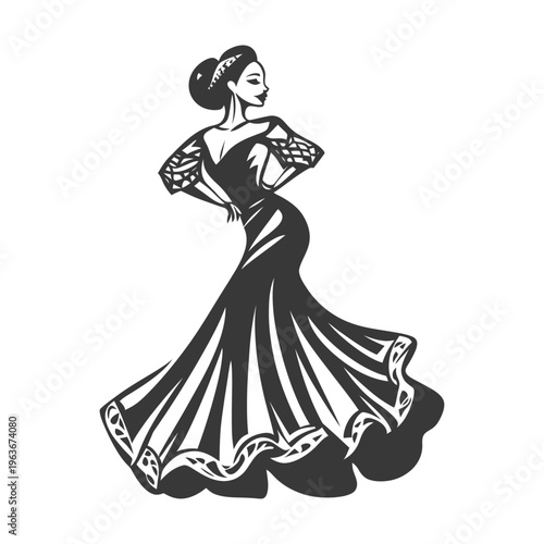 Elegant woman wearing a long flowing gown with an intricate design
