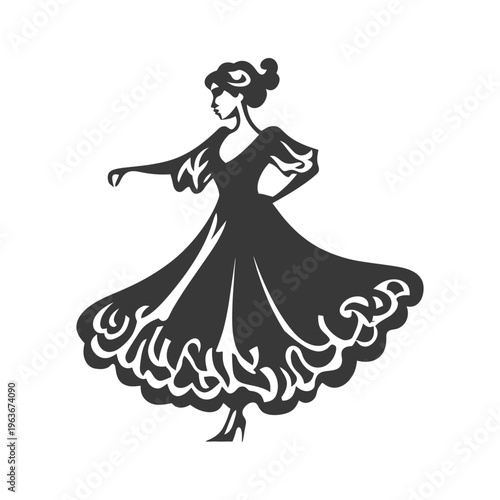 A stylized silhouette shows a graceful woman dancing with elegance