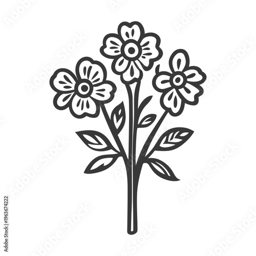 A simplistic drawing depicts three flowers on stems with leaves