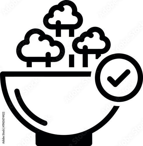 Bowl of steaming food with a large checkmark indicating quality assurance or successful preparation.