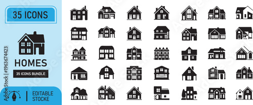 Set of vector icons of houses and buildings for web design and urban illustration