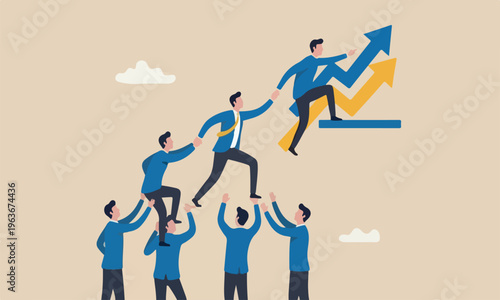 Teamwork collaboration meeting teams together success in job concept, businessman holding hand helping team colleagues climbing to reach business goal.