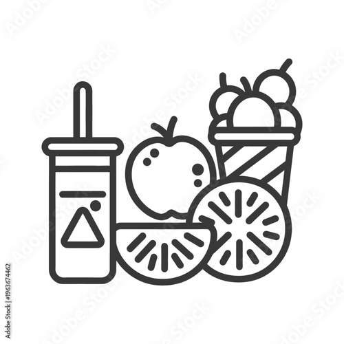 An illustrated collection of beverages and various fruit items
