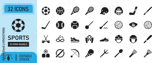 Set of black vector icons for web design including sport, nature, and symbol illustrations