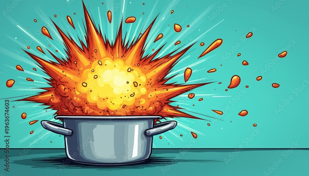 Naklejka premium Cartoon pot explodes with hot food in kitchen. Orange fiery blast with steam and splashes rises upward. Funny culinary chaos and cooking mishap illustration.