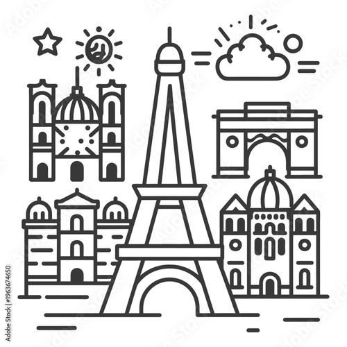 A stylized illustration of iconic landmarks of the city