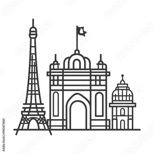 Black and white linear illustrations of famous world landmarks together