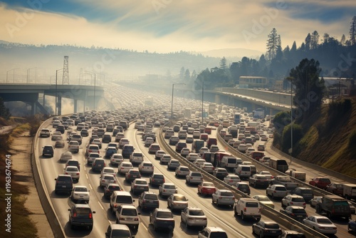 Vehicles stuck in a massive traffic jam on a multi lane freeway, contributing to significant smog
