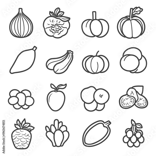 Outlined drawings showcasing varied fruits and vegetables with simple illustration