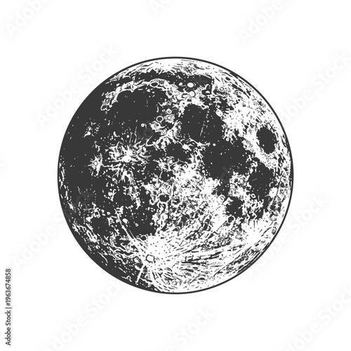 An illustrated black and white circular depiction of the lunar surface