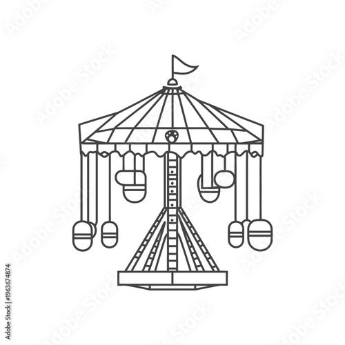 An illustrated monochrome carousel ride with hanging passenger seats