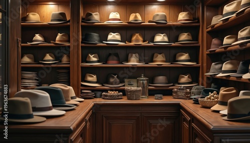 Vintage hats assortment on wooden shelves in antique store. Classic fedoras and panama hats. Old fashion accessories display in retail shop.