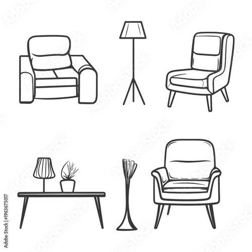Monochrome Illustrations Depicting Various Furniture Elements and Objects