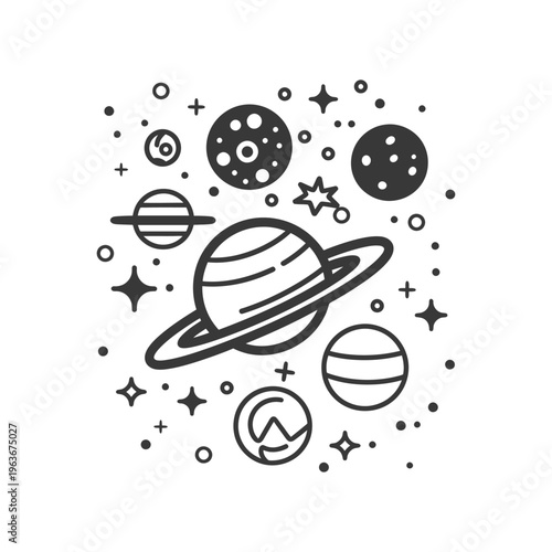 Depiction of a simplistic outer space scene with planets and stars