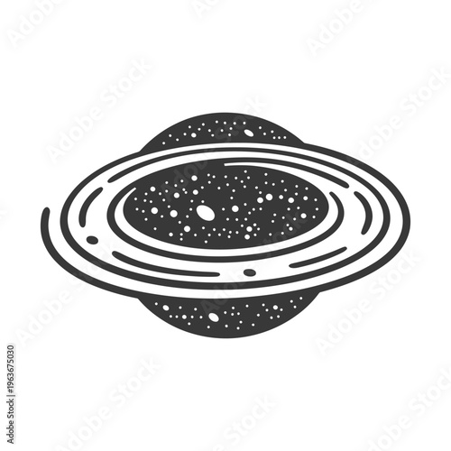 An abstract monochrome illustration of a celestial body with rings