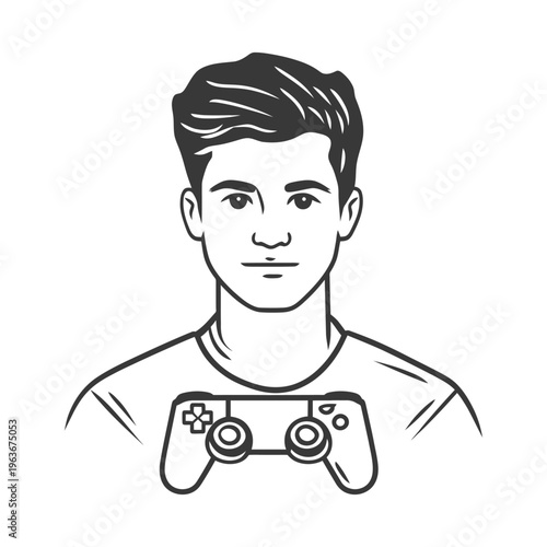 A portrait illustration of a young man with gaming controller shirt