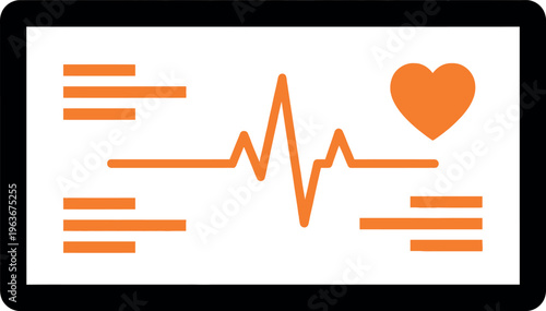 Digital tablet displays an orange heart icon next to a fluctuating vital signs cardiogram line.