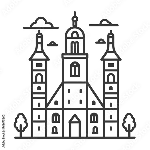 A detailed black and white illustration of an architectural structure