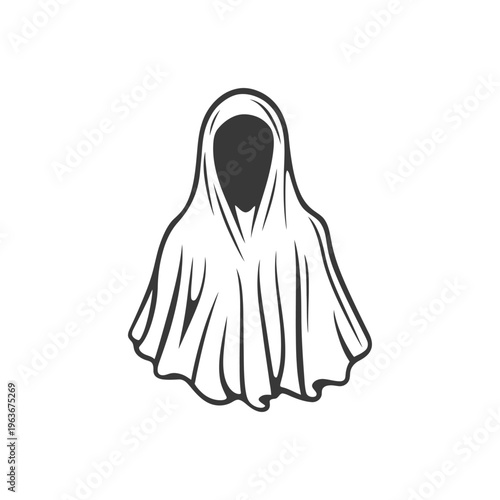 Illustration of a cloaked and faceless figure in black and white