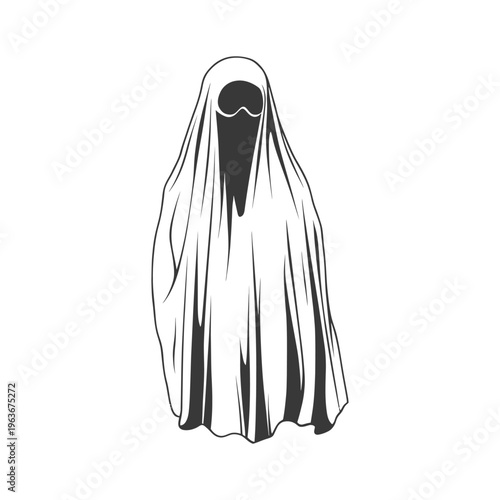 A white draped figure with a dark void for a face