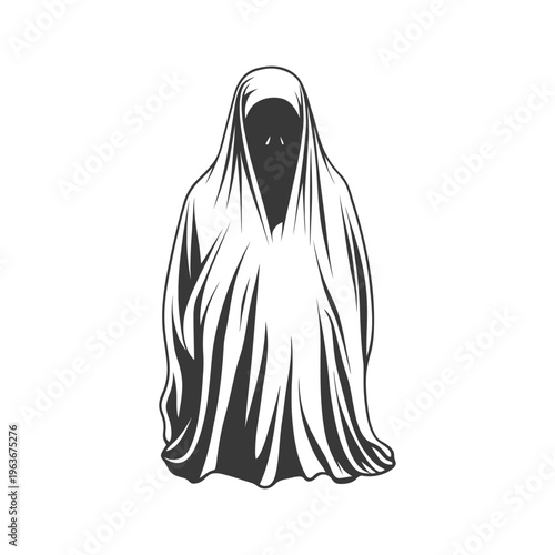 A standing figure of a draped person in monochrome style