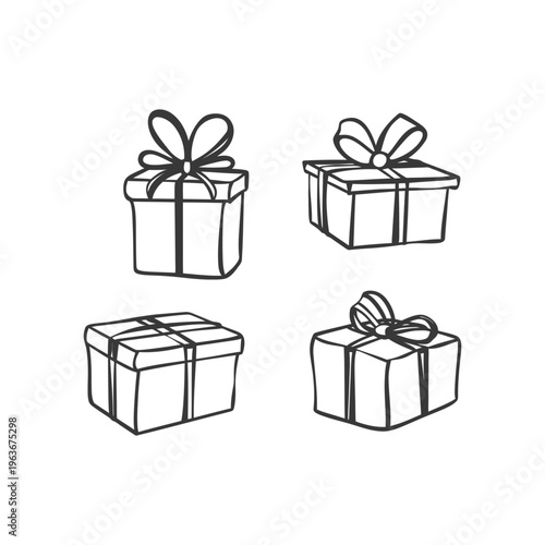 Four Line Drawings Of Decorative Boxes With Bows And Ribbons