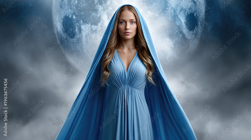 Obraz premium Woman embodying divinity and grace, standing against a full moon, symbolizing spirituality, faith, and heavenly guidance, exuding an aura of peace and hope