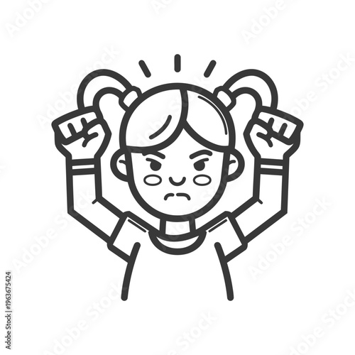 Angry child with pigtails clenching fists expressing frustration and rage