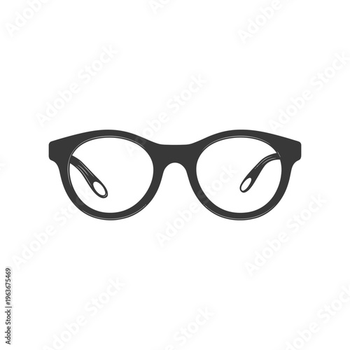 A black minimalist illustration of round framed eyeglasses on white