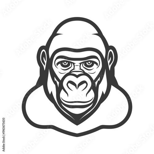 A monochrome illustration presents a gorilla animal graphic with a strong gaze
