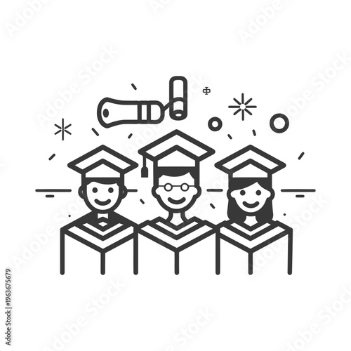 Students celebrating graduation with diplomas and academic regalia and symbols