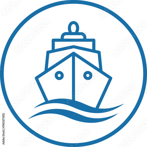 Front view of a cruise ship icon sailing on stylized blue waves within a circular frame.