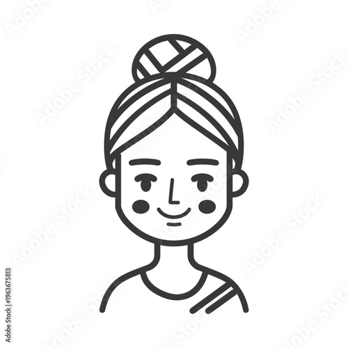 Simple illustration depicts a smiling person with a hair bun
