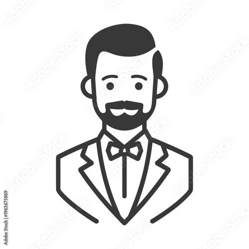 An illustrated man wearing a suit and a bow tie looks forward