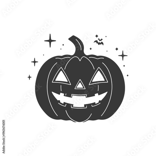 A smiling carved pumpkin illustration with stars and bats above it