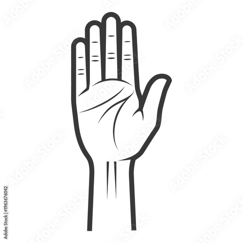 A stylized black and white line drawing of an outstretched hand