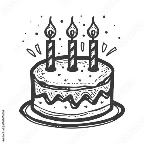 A tasty birthday cake decorated with lit candles and celebratory confetti