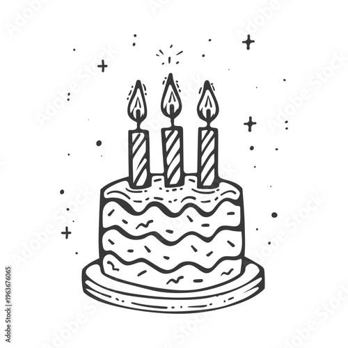 A birthday cake with three lit candles illustrated in black lines