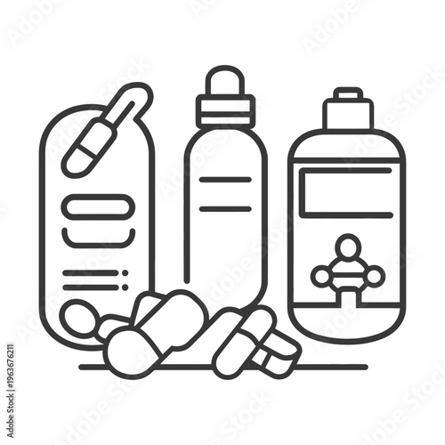 Line art illustration depicting different medication and pharmaceutical products