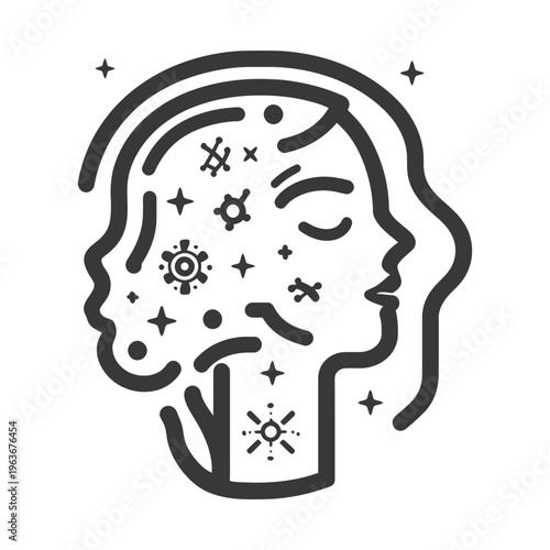 A stylized outline of faces with internal celestial elements
