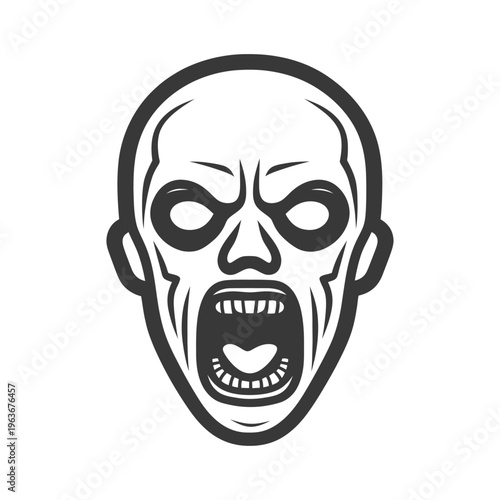 A stylized illustration depicts a screaming human skull face