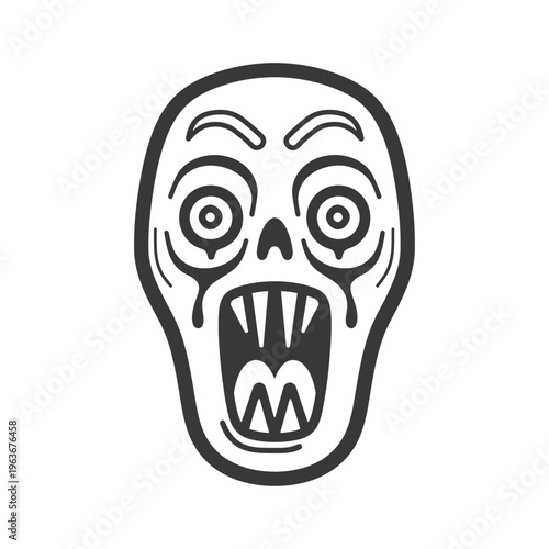 A graphic illustration of a scary open mouthed and fanged skull
