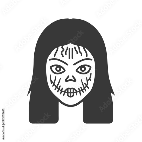 Spooky graphical illustration of a woman with stylized facial decoration