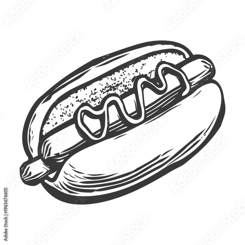 A simple line art depiction of a hot dog with toppings