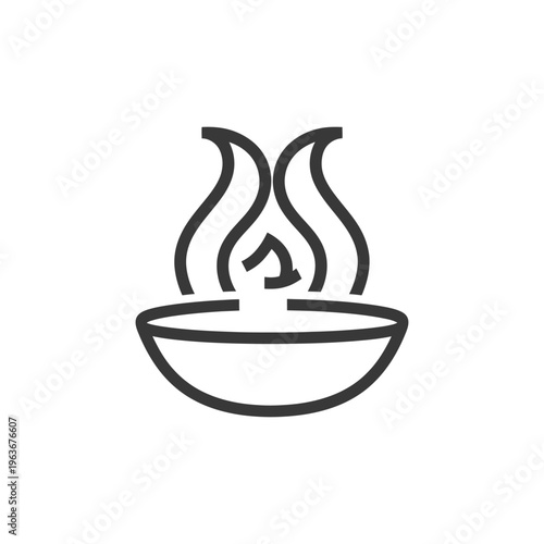 A stylized image represents a bowl with burning flames above it