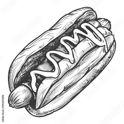 An illustrated hot dog with mustard sauce in a bun