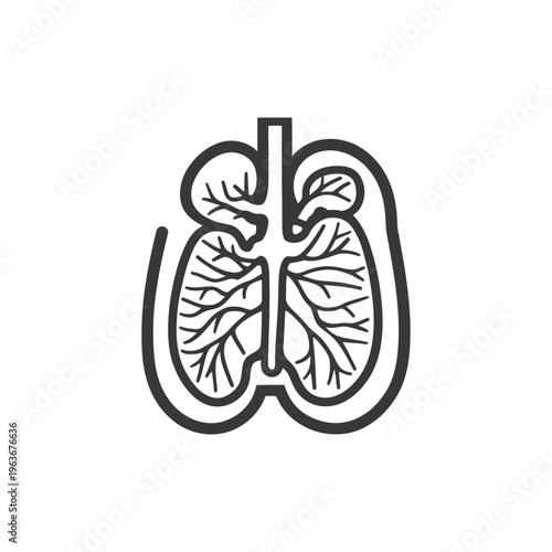A stylized black and white illustration of human lungs and airways