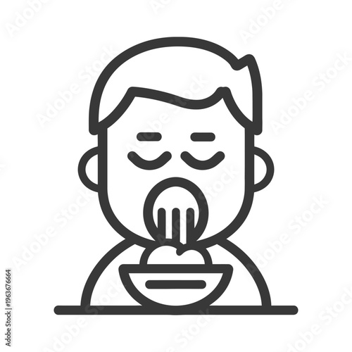 A cartoon person eating food from a bowl with a fork