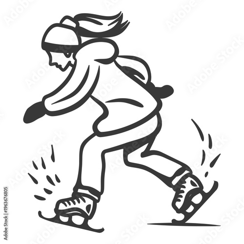 A person ice skating with a hat on in monochrome illustration