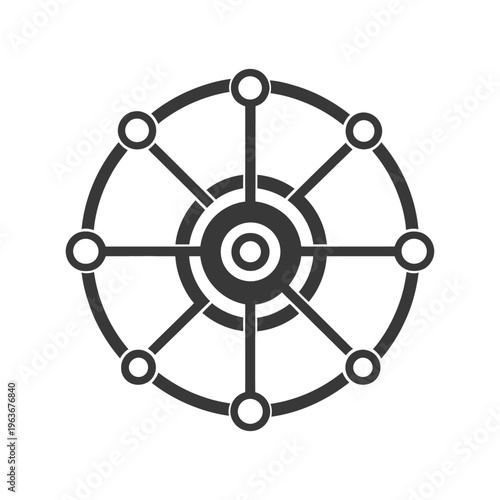 A circular network design shows interconnected nodes and central hub